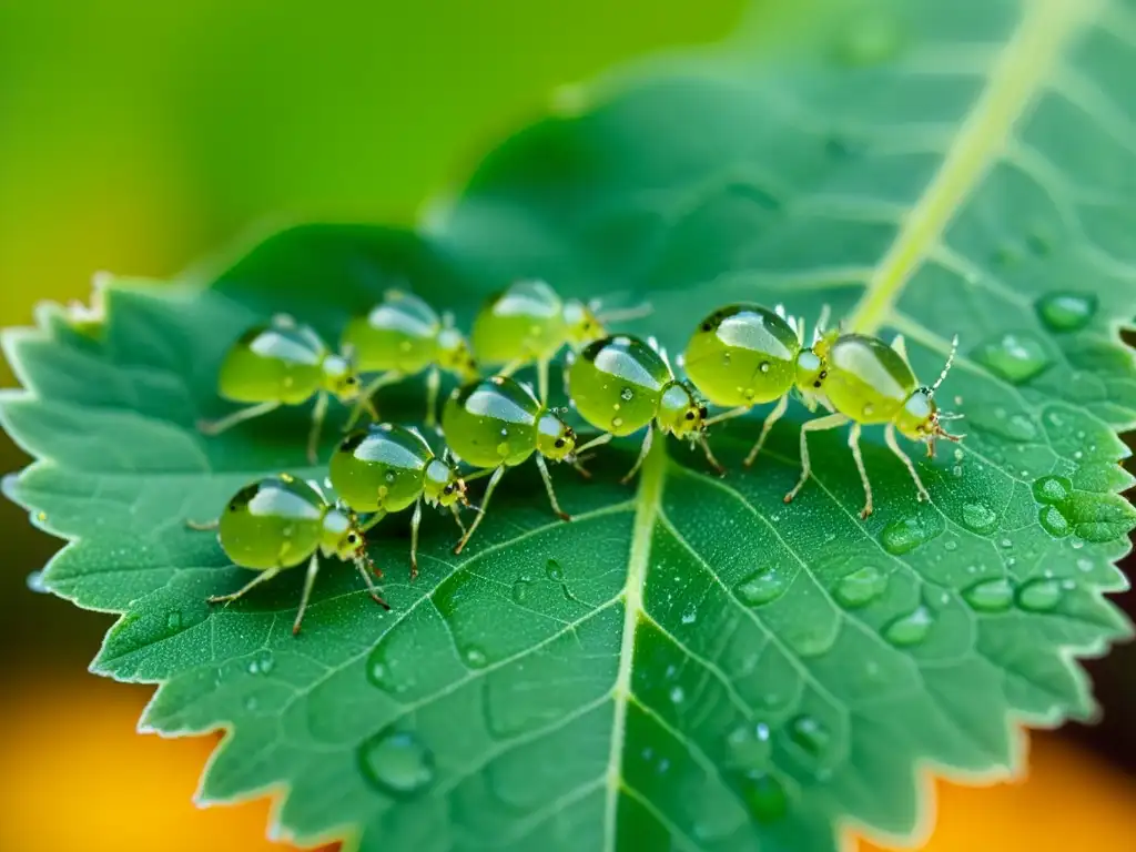 Una imagen macro muestra pulgones en una hoja verde, comunicación simbólica en pulgones