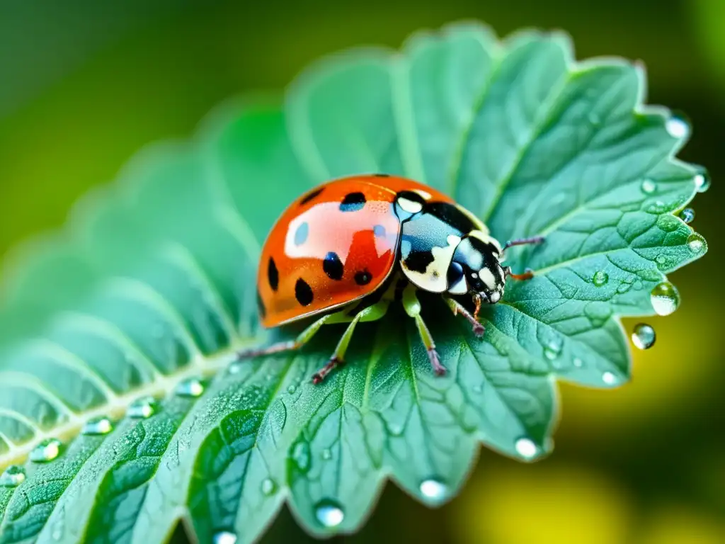 Imagen en 8k de una mariquita verde brillante en un tomate maduro, destacando la importancia de los insectos en agricultura regenerativa