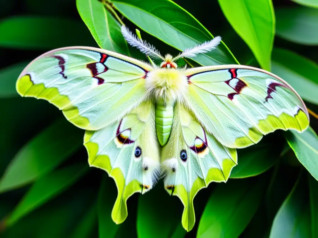 Imagen de la metamorfosis de polilla con una hermosa Actias luna en un delicado ramo, mostrando sus alas verdes iridiscentes y ojos llamativos