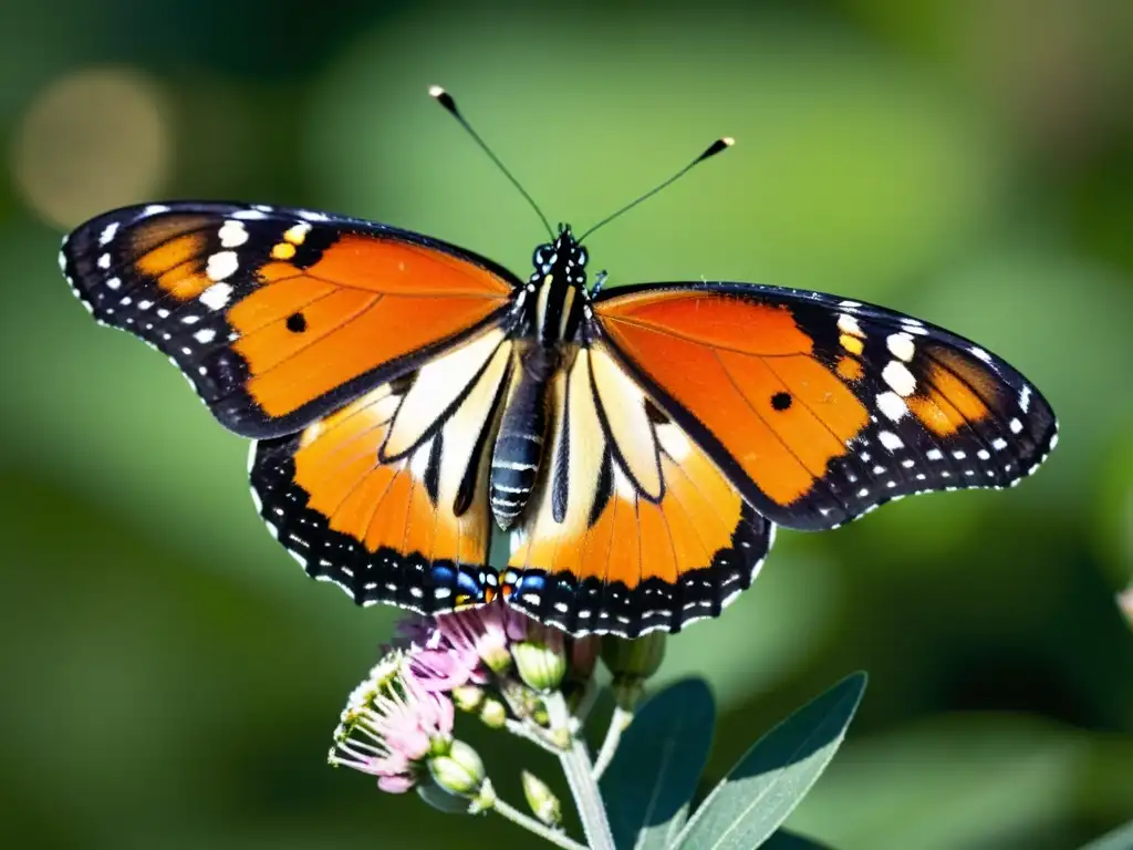 Imagen de migración de mariposas monarca alimentándose en una flor rosada, con detalles detallados y una luz cálida en un prado verde exuberante