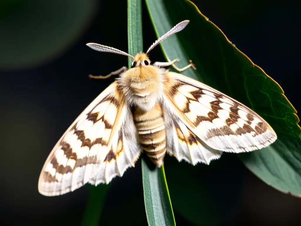 Imagen nocturna de una delicada polilla posada en una flor en floración, resaltando la importancia de los insectos nocturnos