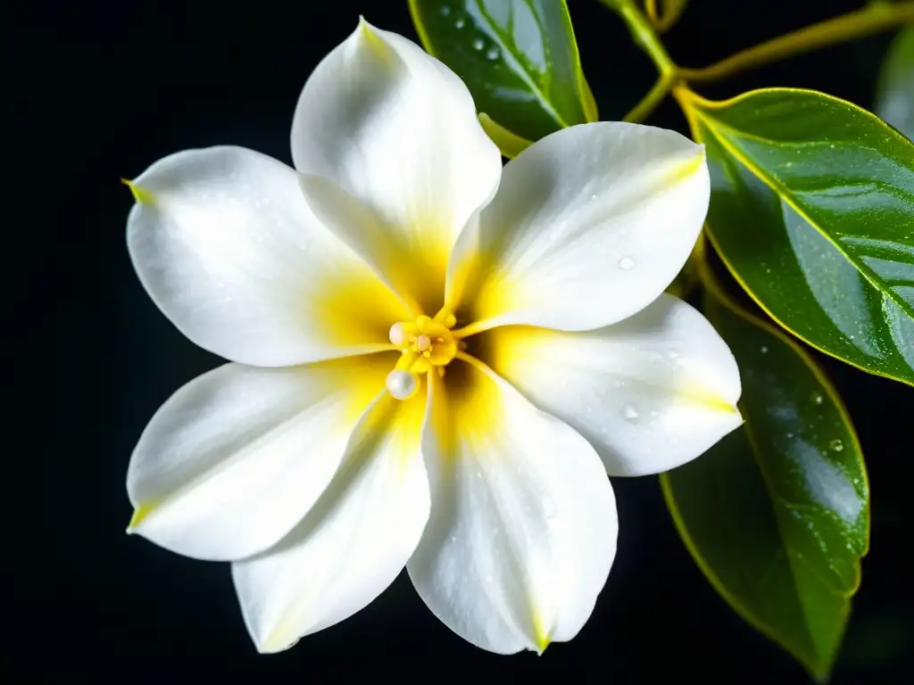 Imagen de un jazmín nocturno en flor, con pétalos blancos y centro amarillo, iluminado por la luna