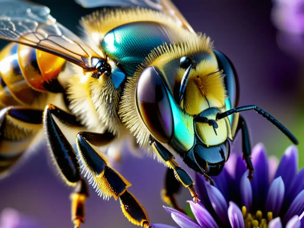 La imagen muestra el ojo compuesto de una abeja, con detalles ultradetallados y colores iridiscentes