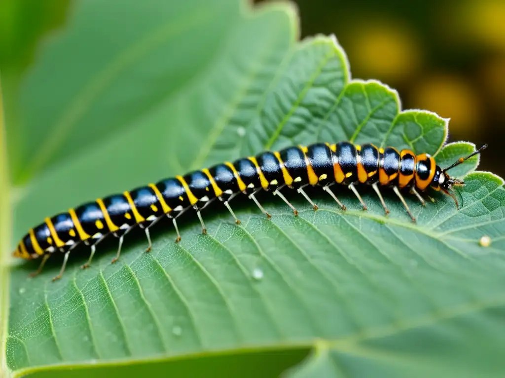 Imagen de plagas en huertos: detallada vista de insectos como pulgones, orugas y escarabajos alimentándose en hojas de plantas