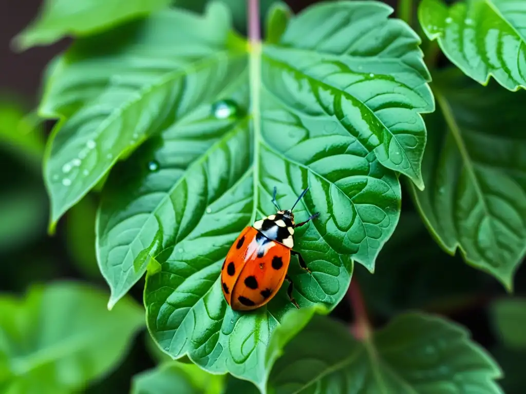 Imagen de planta de albahaca con gotas de agua, hojas verdes y mariquita