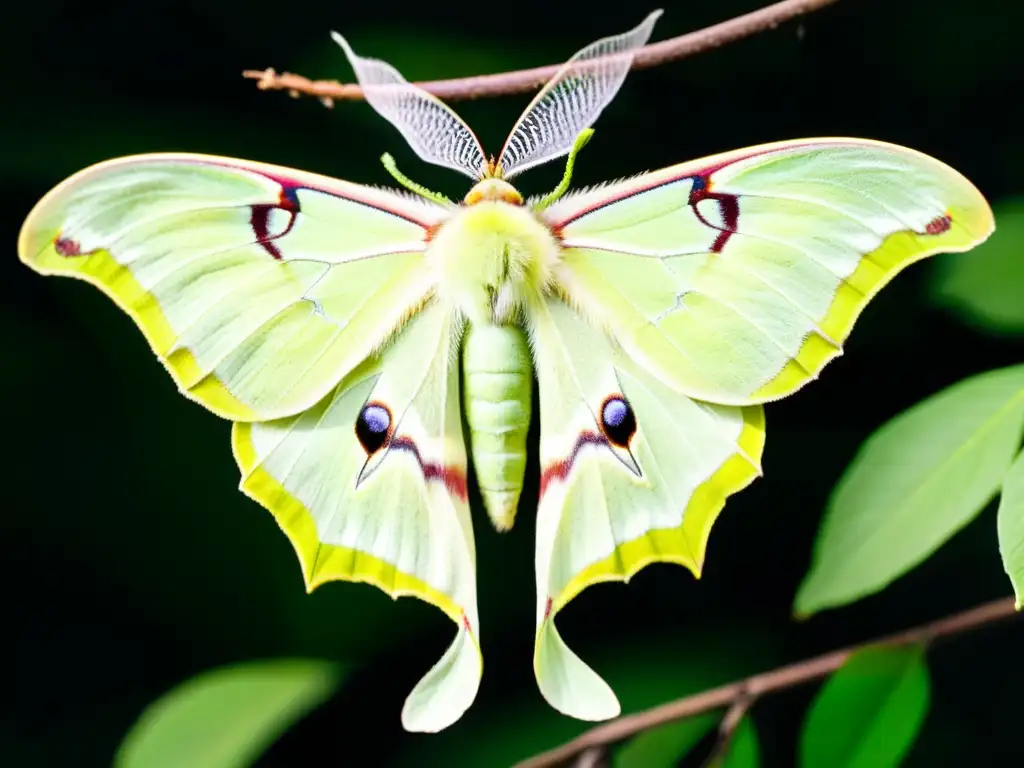 Imagen de una polilla Luna (Actias luna) posada en una rama de árbol en la noche, mostrando sus detalles y adaptaciones ecológicas