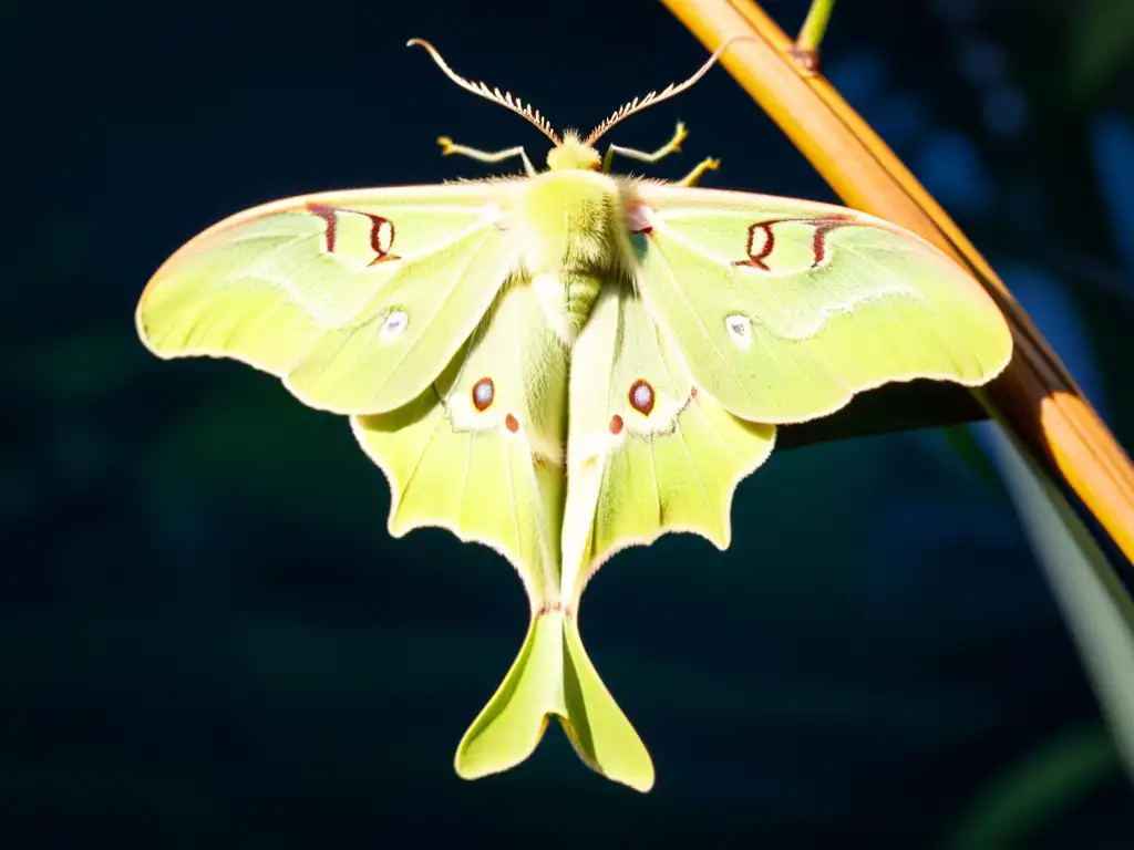 Imagen de una polilla Luna reposando en una rama iluminada por la luz de la luna, rodeada de insectos nocturnos