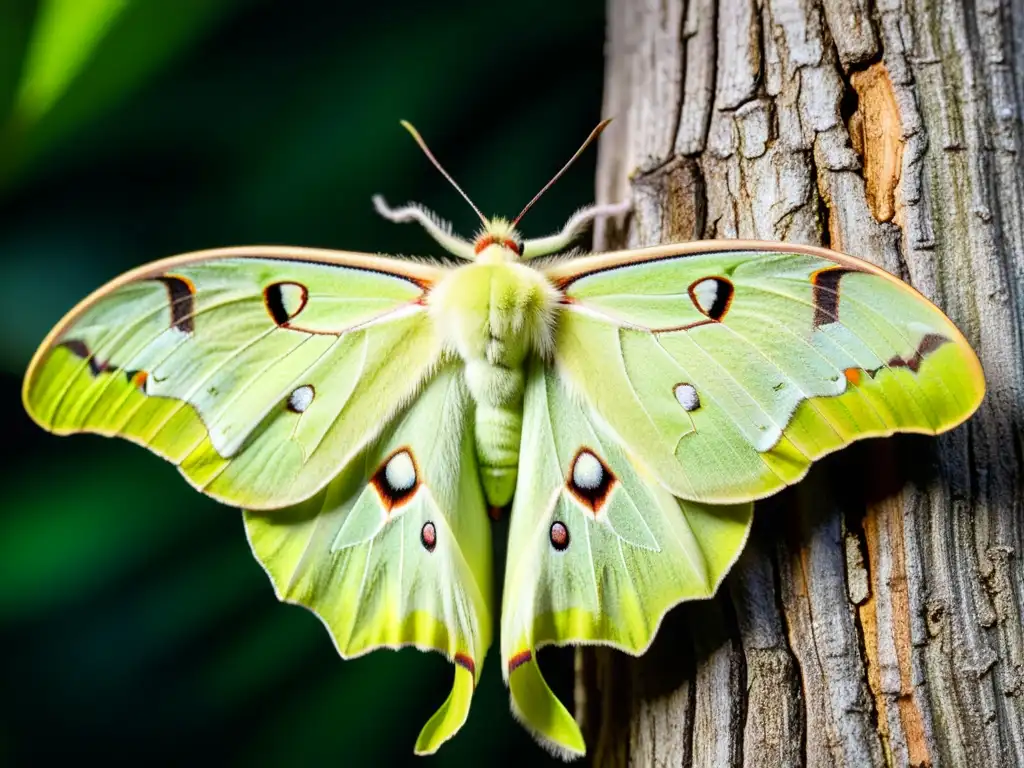 Imagen de una polilla Luna descansando en un tronco de árbol por la noche, resaltando la importancia de los insectos nocturnos en su hábitat natural