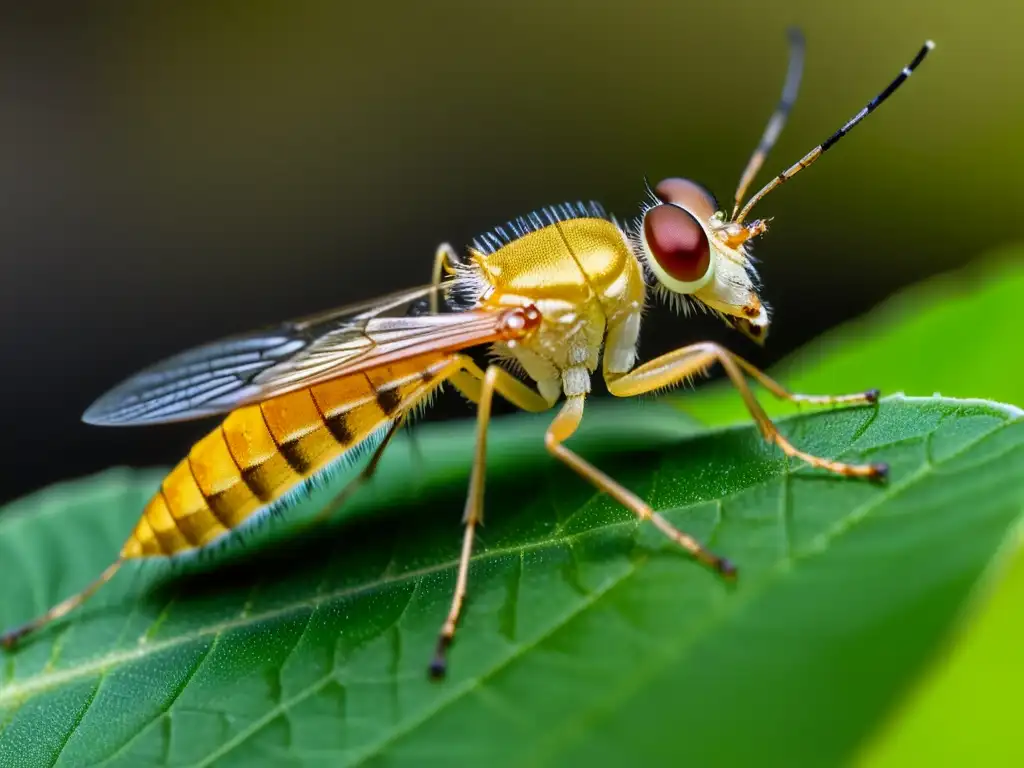 Una imagen en primer plano de un flebotomo (Phlebotomus perniciosus) descansando en una hoja, mostrando su estructura alar y cuerpo peludo