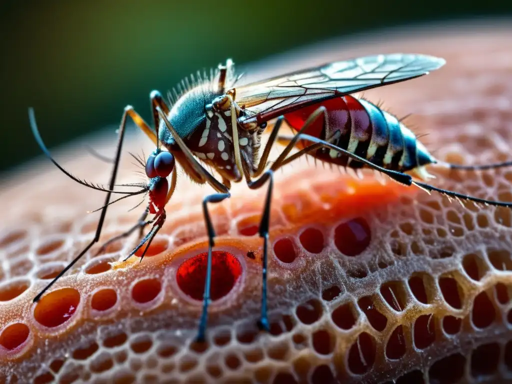 Una imagen en primer plano de una probóscide de mosquito penetrando la piel humana con los vasos sanguíneos claramente visibles