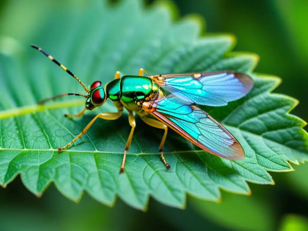 Una imagen muestra un raro insecto posado en una hoja verde, con alas iridiscentes y detalles translúcidos, rodeado de exuberante follaje