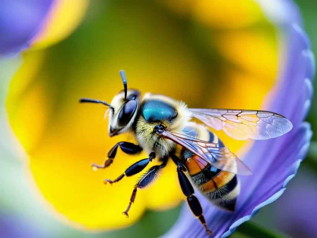 Imagen de alta resolución de una abeja cubierta de vibrante polen amarillo mientras recolecta néctar de una flor colorida