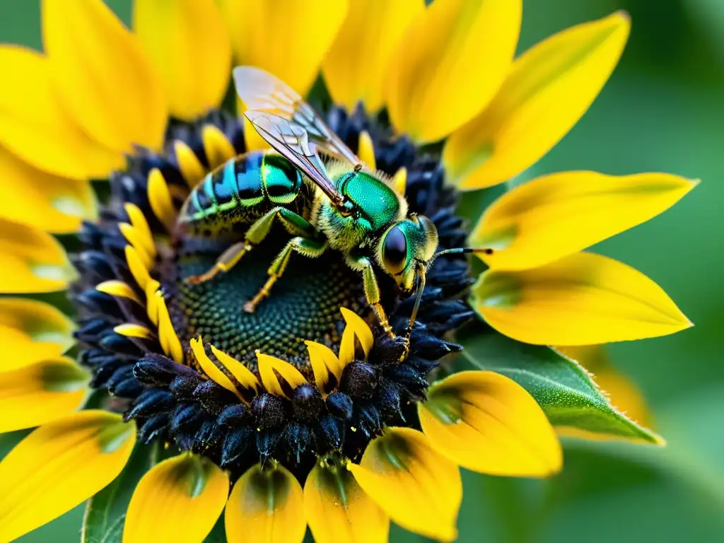 Bee on Sunflower: Detalles deslumbrantes Una imagen de alta resolución de una abeja sudorosa metálica sobre un girasol, resaltando la importancia de los insectos en la naturaleza