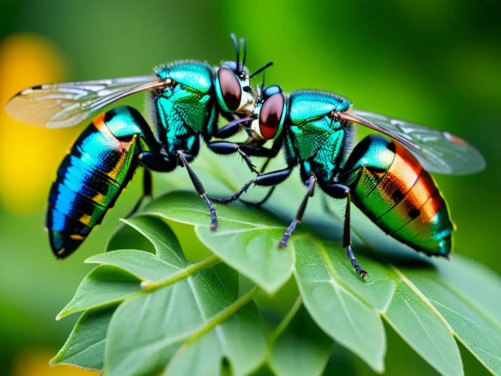 Imagen de alta resolución de insectos coloridos en ritual de apareamiento