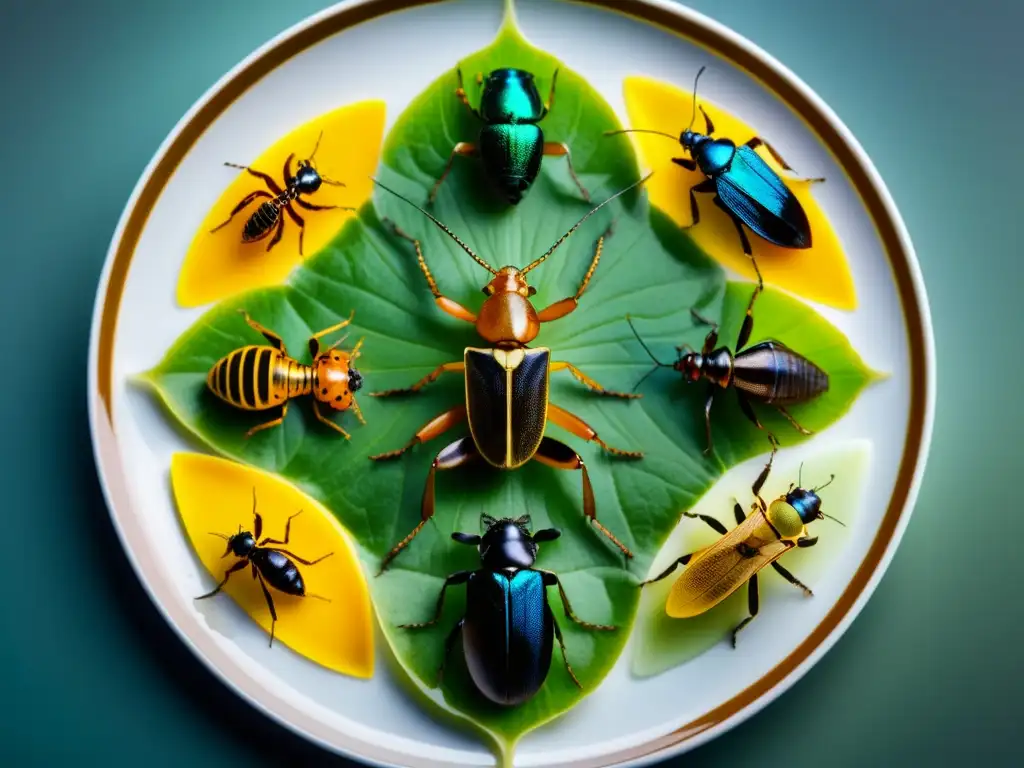 Una imagen de alta resolución de insectos comestibles dispuestos en un plato moderno, destacando su valor nutricional comparado