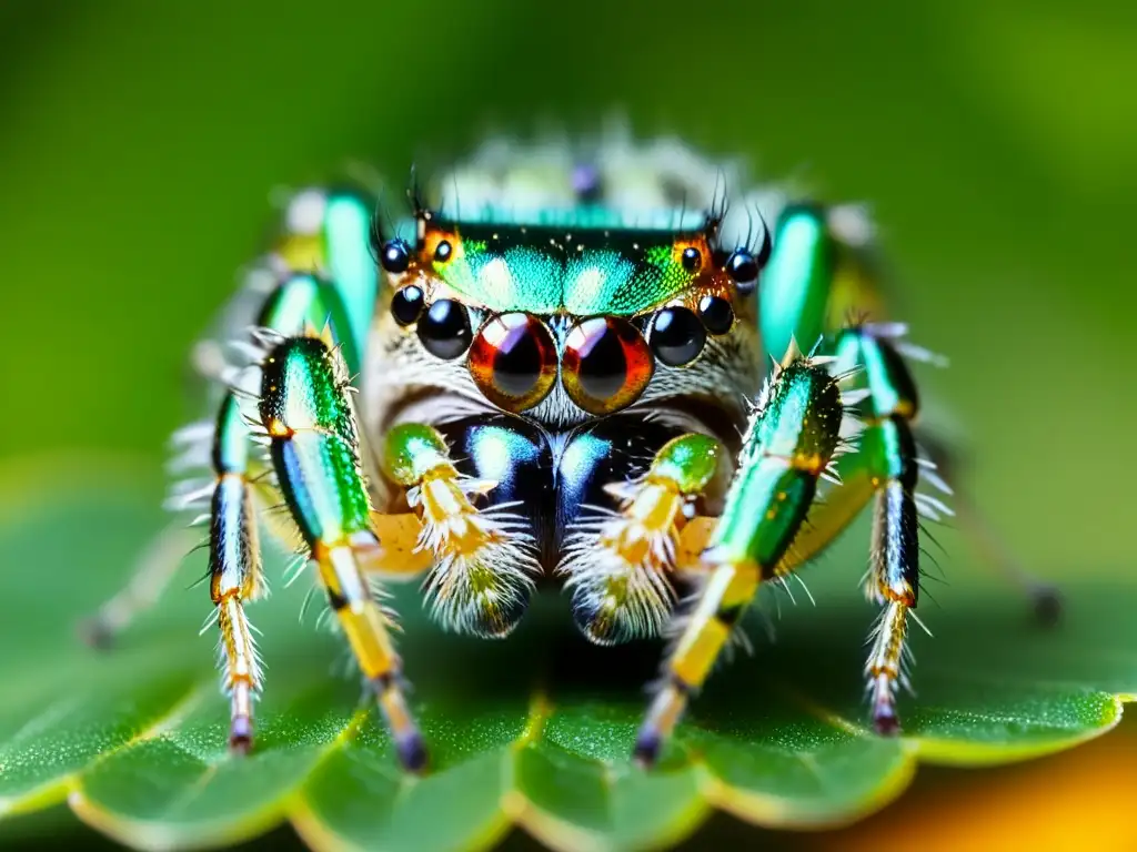 Una imagen ultradetallada de una araña saltarina verde brillante esperando pacientemente en una hoja, sus ojos multifacéticos brillando al sol