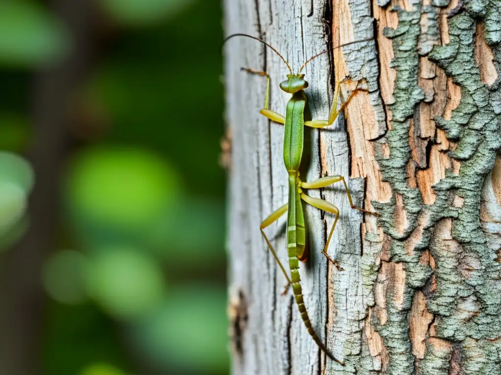 Imagen ultradetallada de un insecto palo mimetizado con la corteza de un árbol, resaltando su asombrosa habilidad de camuflaje y mimetismo en insectos