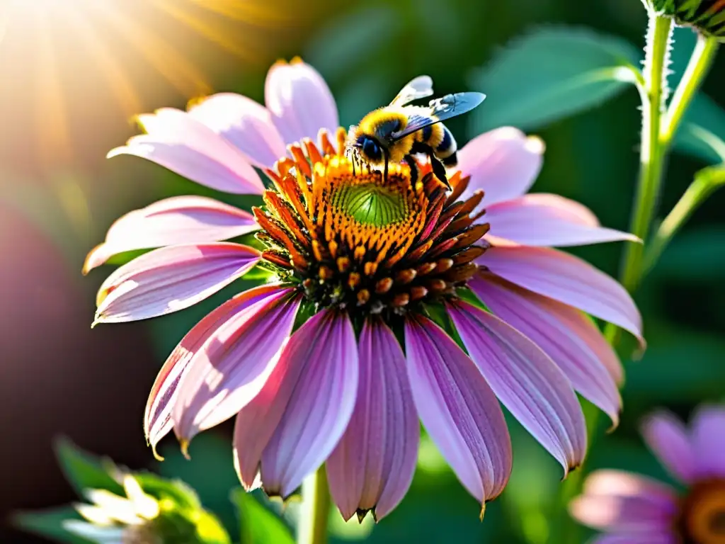 Imagen vibrante de un Echinacea purpurea morado en plena floración, atrayendo polinizadores al jardín con su encanto etéreo y dinámico