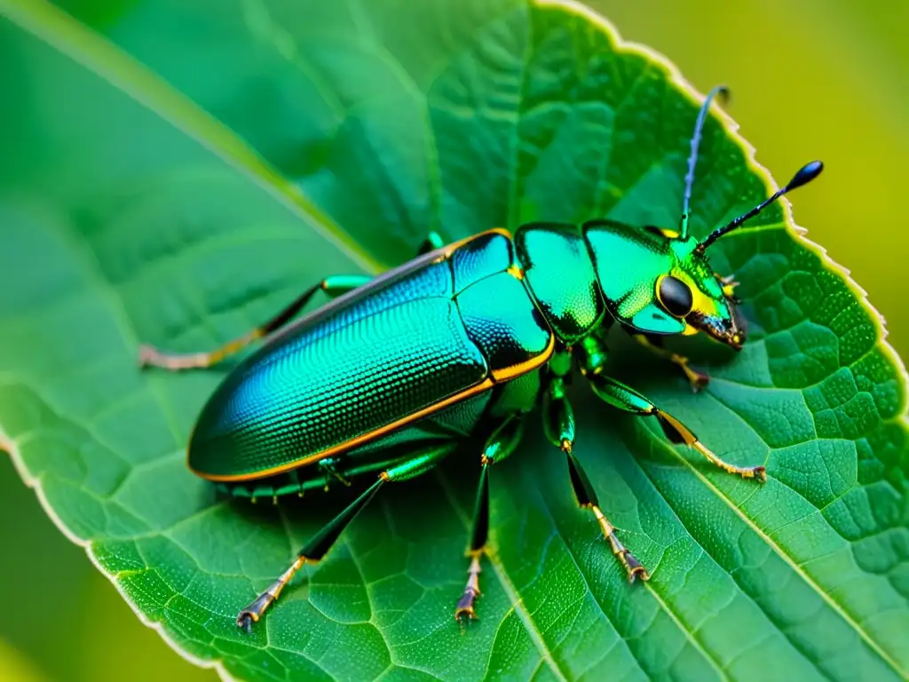 Una impactante escena de una joya de escarabajo metálico verde sobre una hoja, cautivando con su belleza y complejidad