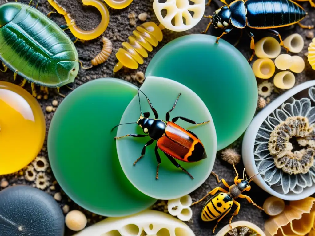 Una impactante escena de biodegradación de plásticos por insectos, con detalles y colores sorprendentes