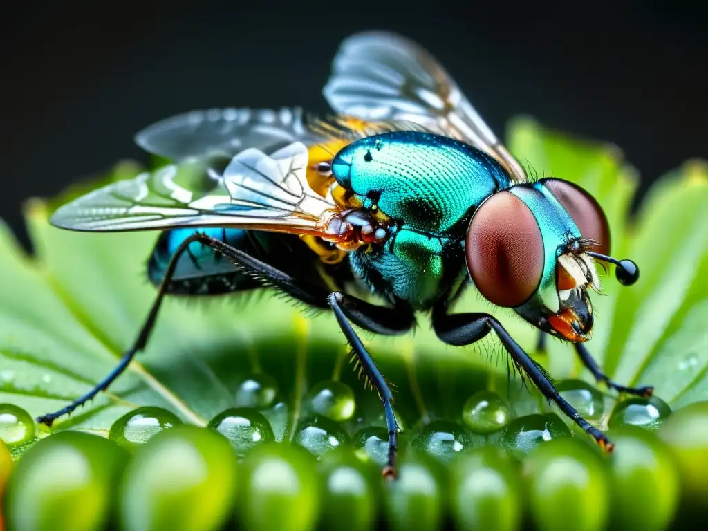 Una impactante imagen en alta resolución de una mosca común sobre una fruta, detallando sus ojos, alas, patas y probóscide extendida