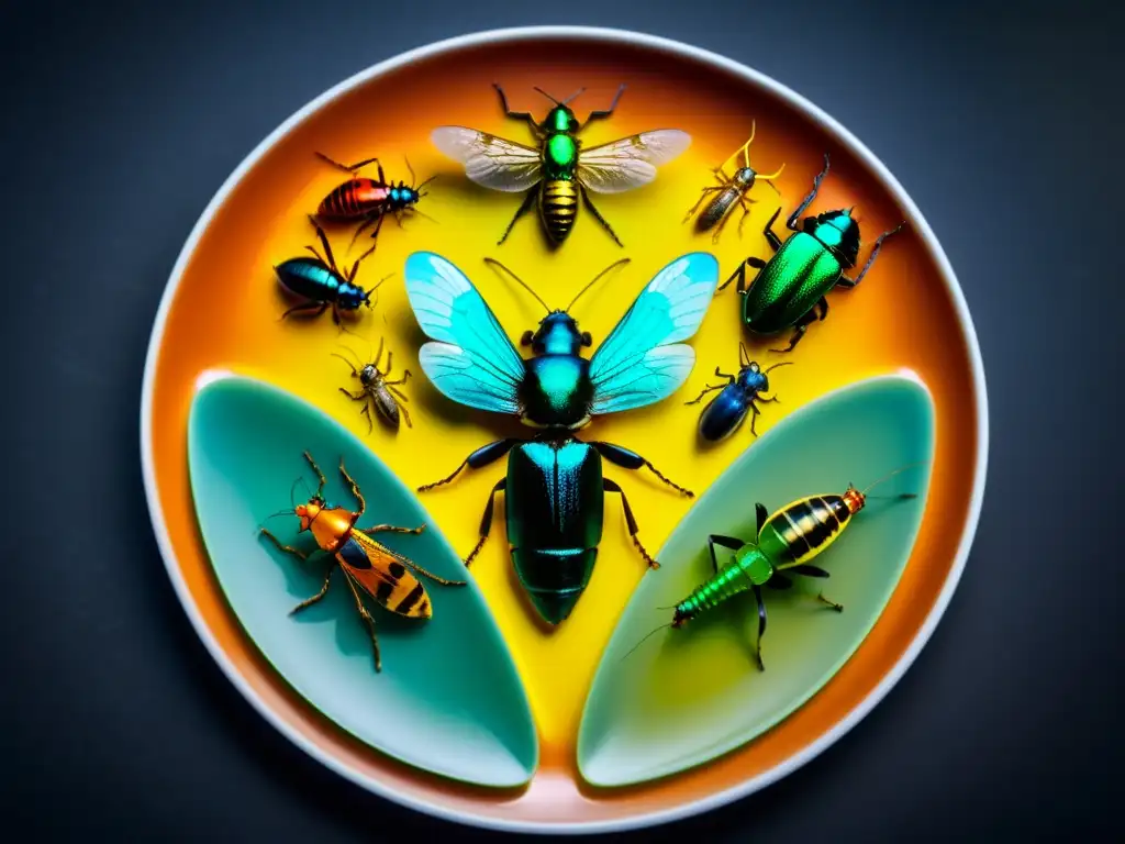 Una impactante imagen de insectos comestibles en un plato moderno, resaltando su colorido y texturas