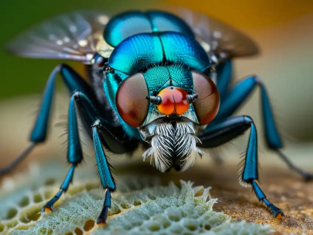 Una impactante imagen de una mosca azul descansando sobre tejido en descomposición, destacando los detalles de su exoesqueleto y ojos compuestos