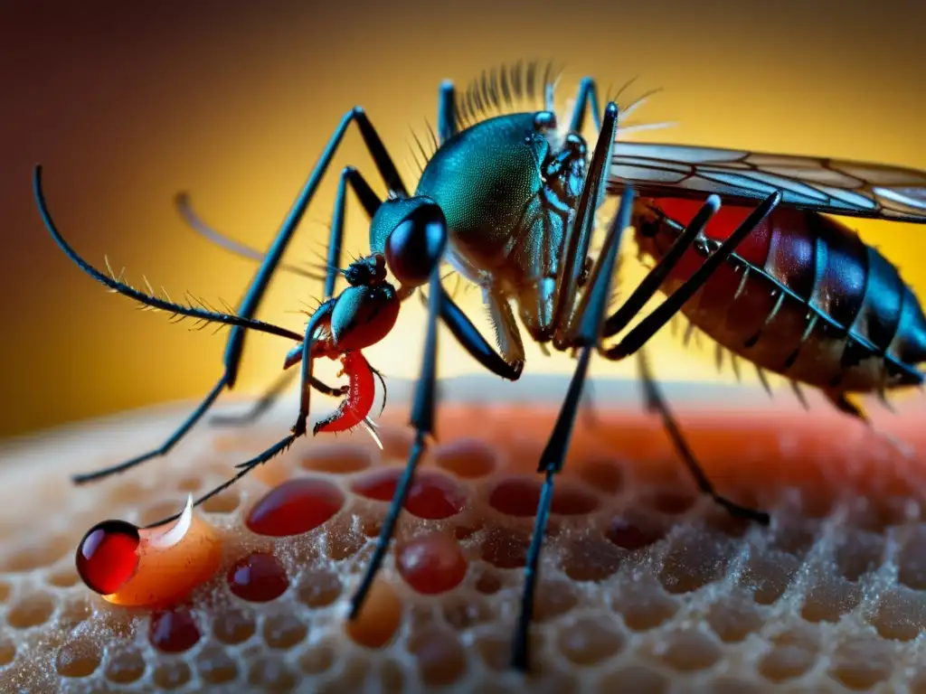 Una impactante imagen de un mosquito alimentándose de sangre humana, resaltando la necesidad de prevención, educación sobre los riesgos de los insectos vectores