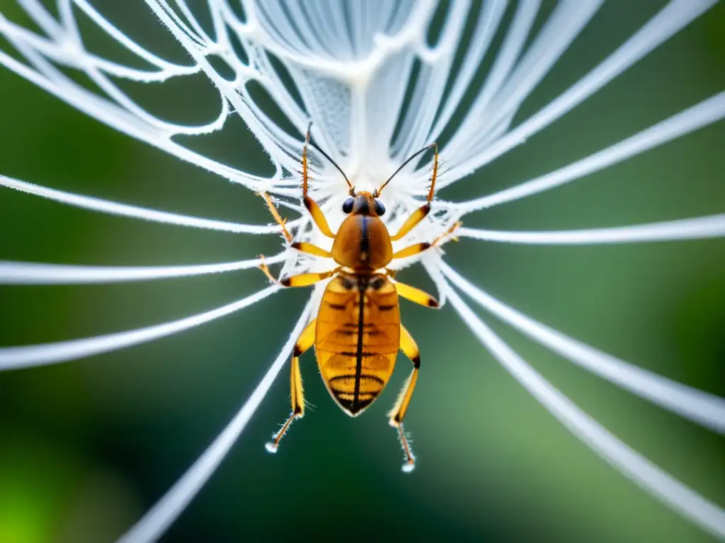 Impacto letal del plástico en insectos: Detalle de un insecto atrapado en una red de fibras plásticas, mostrando su lucha y vulnerabilidad