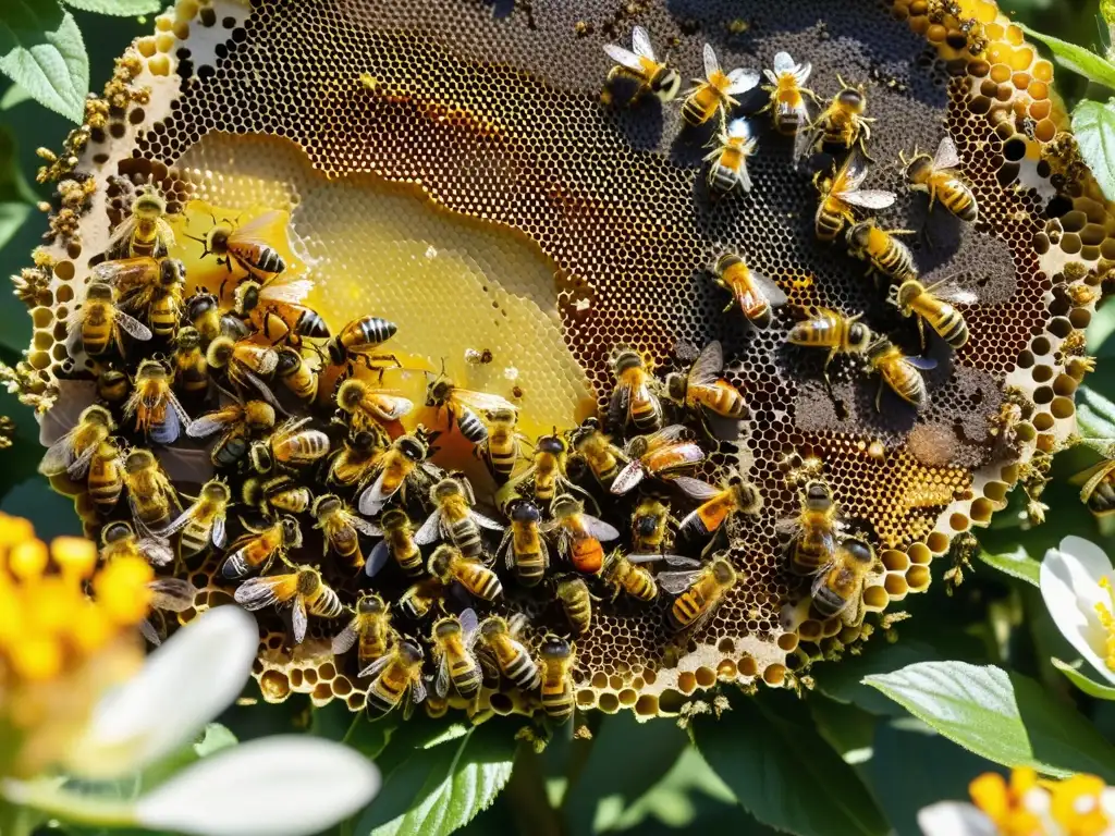 Imponente colmena de abejas en un ecosistema vibrante, mostrando su comunicación fascinante mientras recolectan néctar de flores