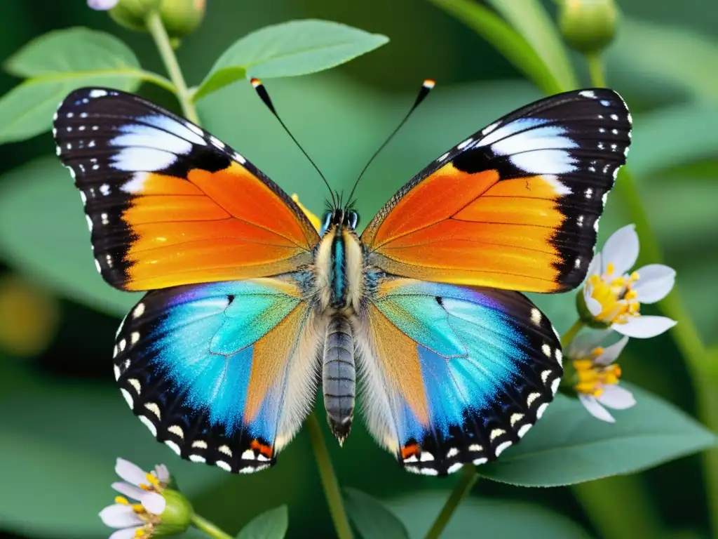 Imponente mariposa iridiscente en flor, detalle asombroso