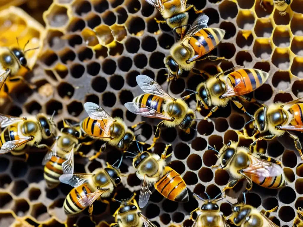 La importancia de la abeja reina en la colmena, rodeada de obreras atendiéndola con actividad y organización