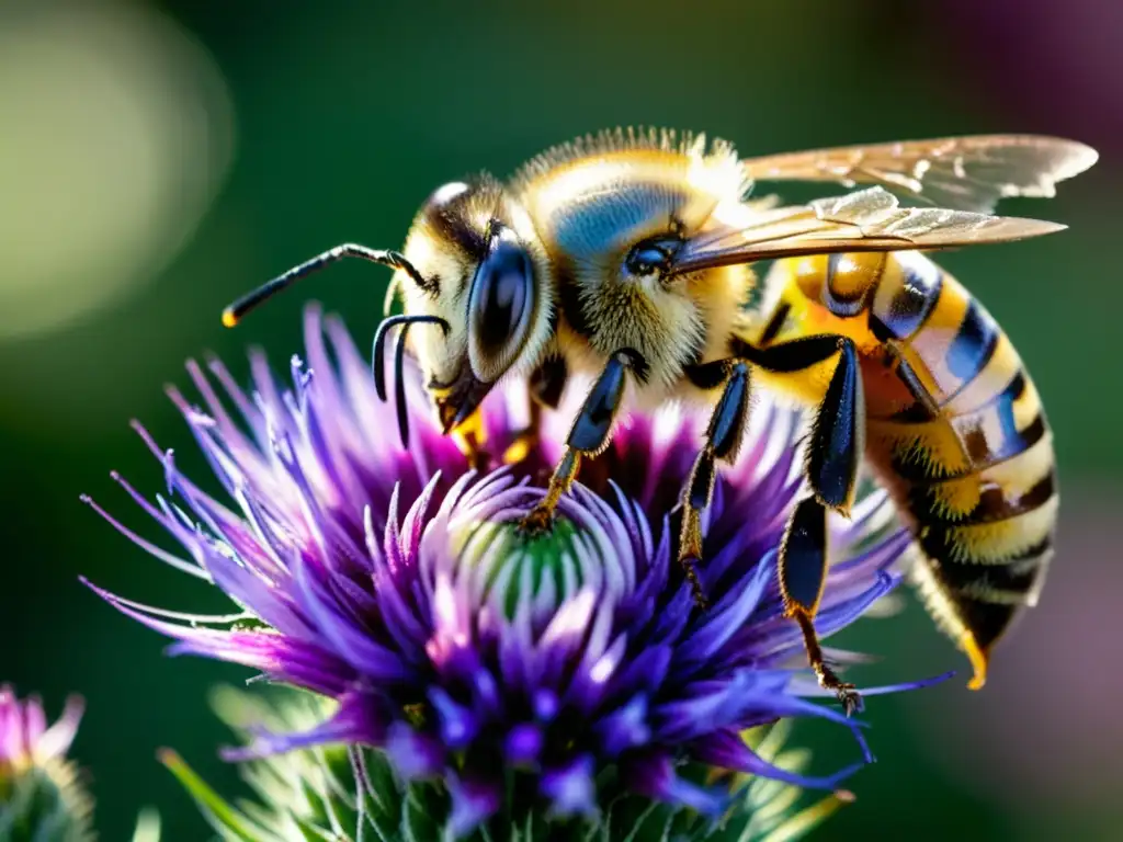 La importancia de la apicultura en ecosistemas, capturada en una imagen detallada de una abeja recolectando néctar de una flor morada