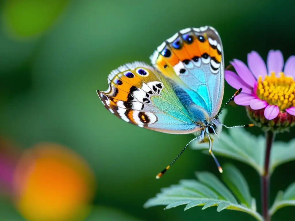 La importancia de la conservación de insectos cobra vida en esta imagen detallada de una mariposa iridiscente posada en una colorida flor silvestre