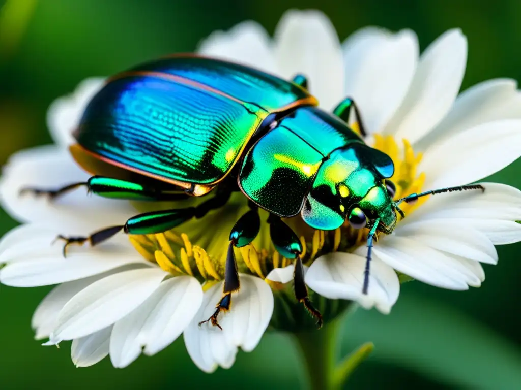 La importancia de la observación de insectos: un escarabajo iridiscente posado en un pétalo, deslumbrando con su belleza y complejidad