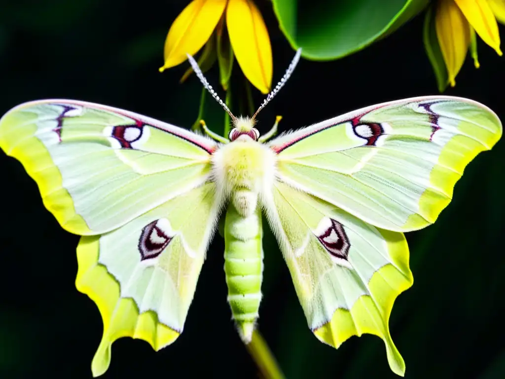 Importancia de polinizadores nocturnos en ecosistemas: Luna Moth y flor en misteriosa escena nocturna