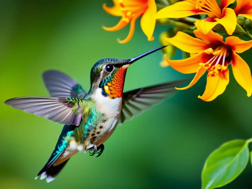 La importancia de la relación aves e insectos capturada en detalle: un colibrí vibrante frente a una flor de trompeta naranja brillante y amarilla