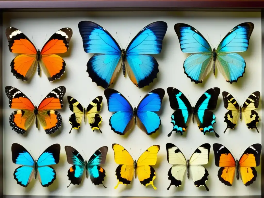 Una impresionante colección de mariposas preservadas para colecciones, exhibiendo sus vibrantes y detallados patrones alares en una caja de sombra