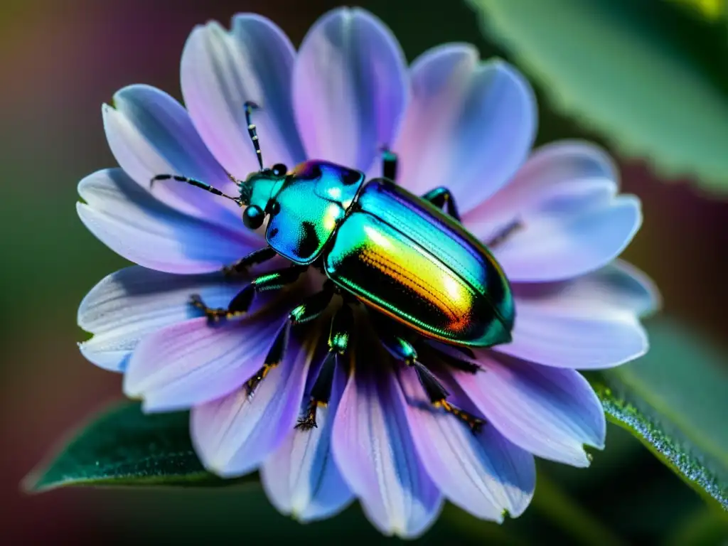 Una impresionante fotografía en 3D de un escarabajo iridiscente en una flor morada