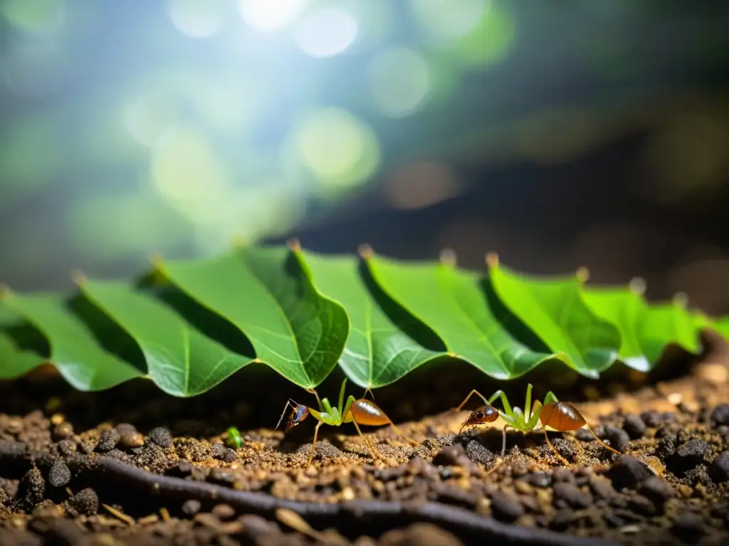 Una impresionante escena de hormigas cortadoras de hojas en la selva, resaltando los usos medicinales tradicionales de hormigas