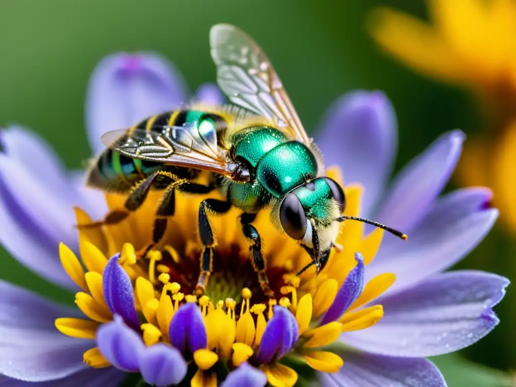 Una impresionante escena macro de una abeja sudor metálica verde vibrante en una delicada flor morada