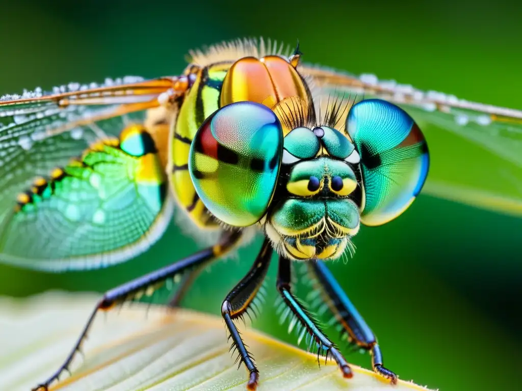 Una impresionante fotografía de insectos para coleccionistas: una libélula vibrante posada en una hoja, con detalles hipnóticos en sus alas y ojos compuestos