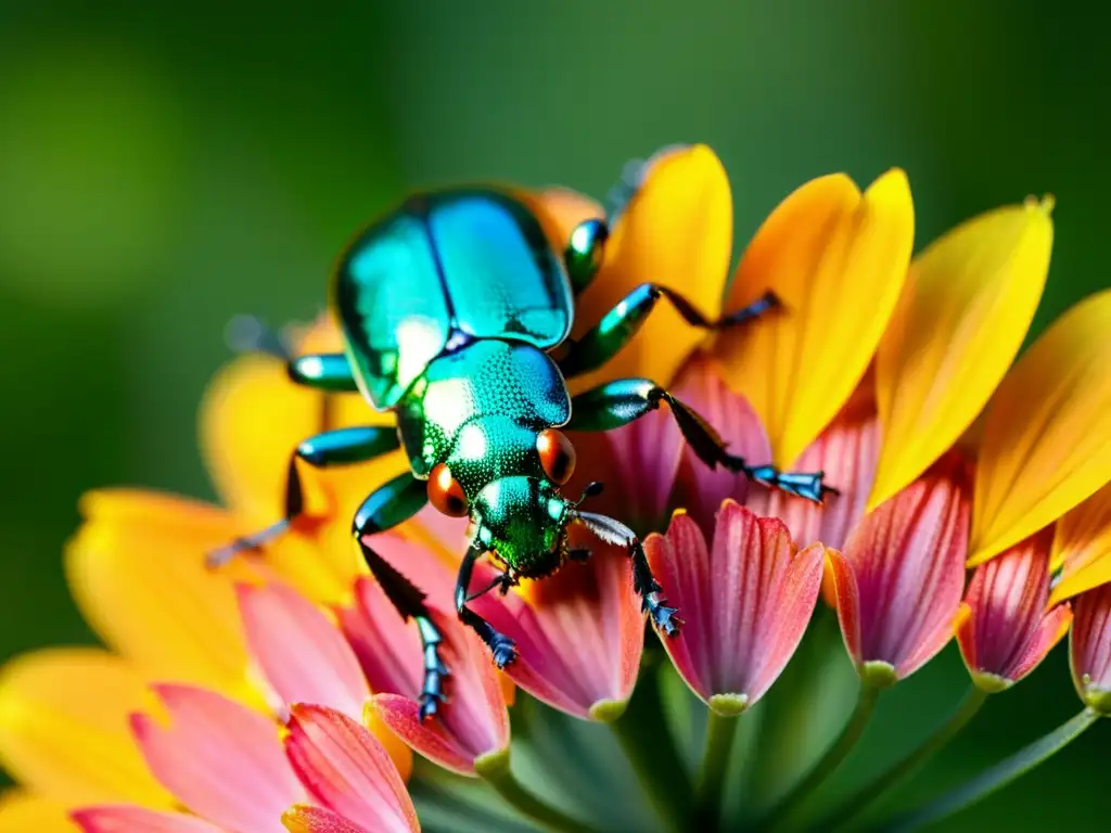 Una impresionante fotografía de insectos para coleccionistas: un escarabajo metálico verde sobre pétalo de flor naranja, con detalle asombroso