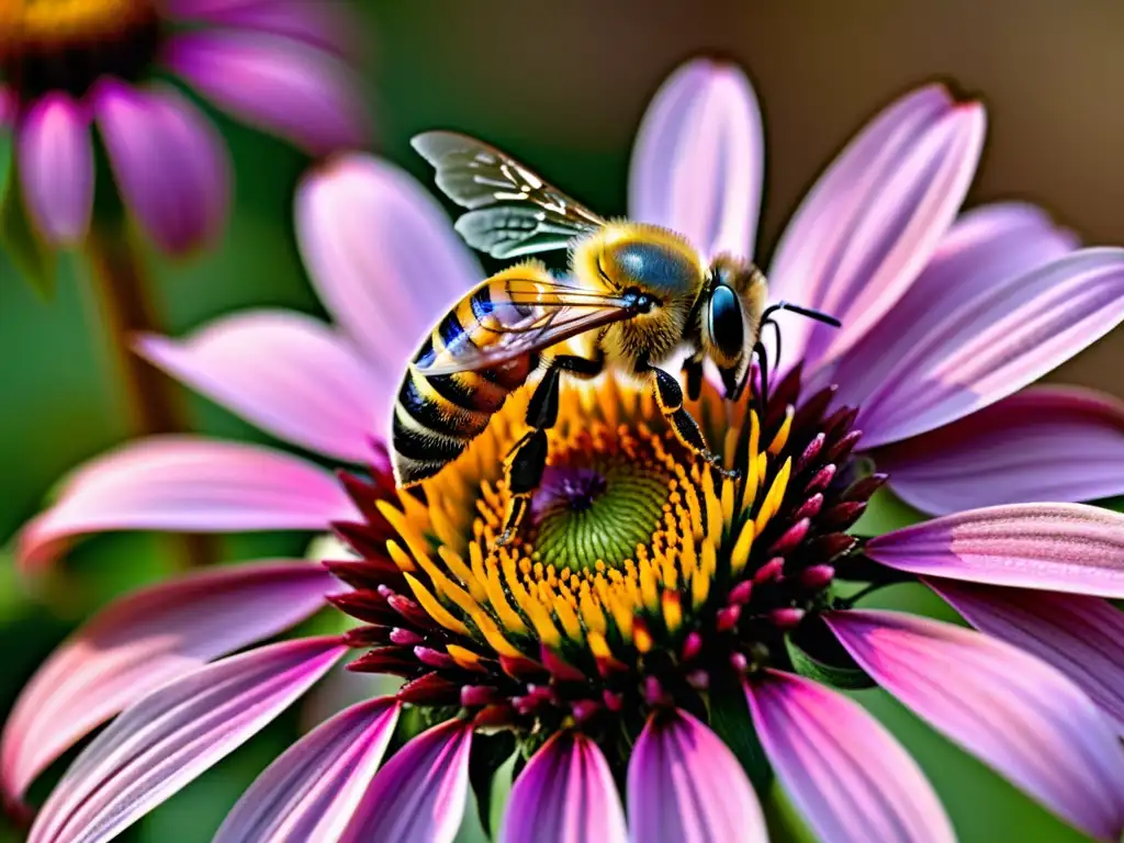 Una impresionante imagen en 8K de una abeja recolectando néctar de una flor de equinácea morada vibrante