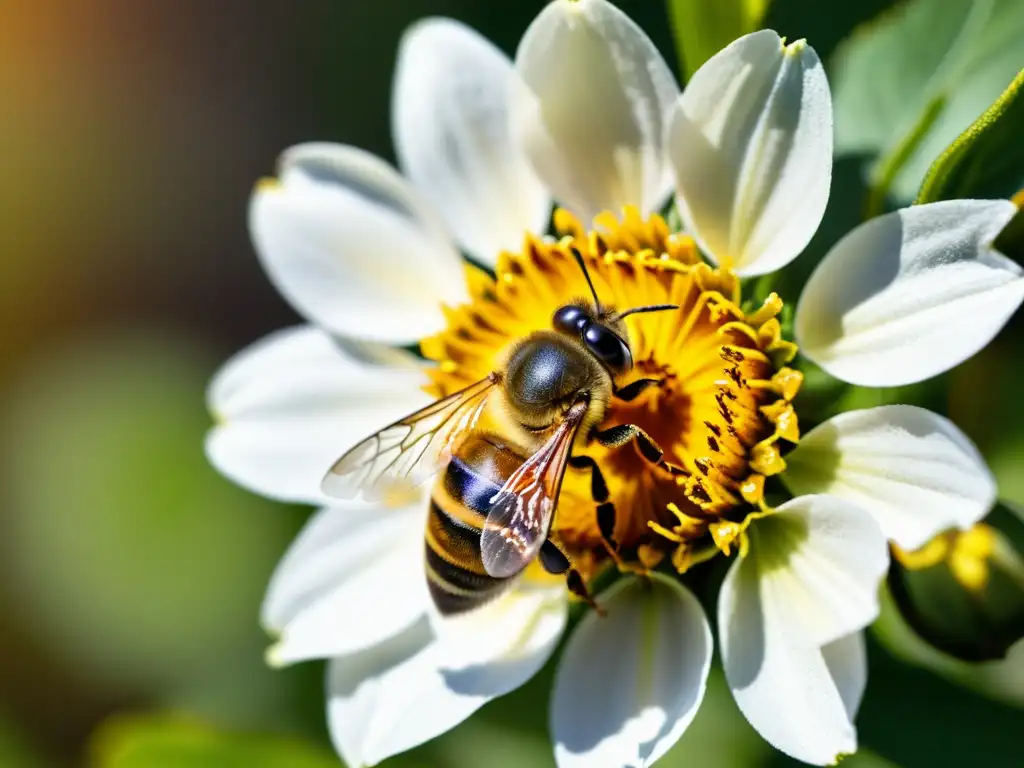 Una impresionante imagen de una abeja interpretando el lenguaje de las flores en un jardín, con detalles detallados y colores vibrantes