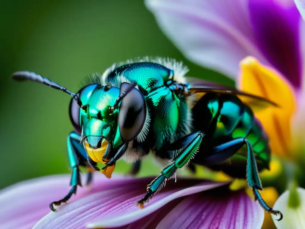 Una impresionante imagen de una abeja orquídea metálica verde vibrante en una flor de orquídea, destacando la belleza y la conservación de insectos en peligro