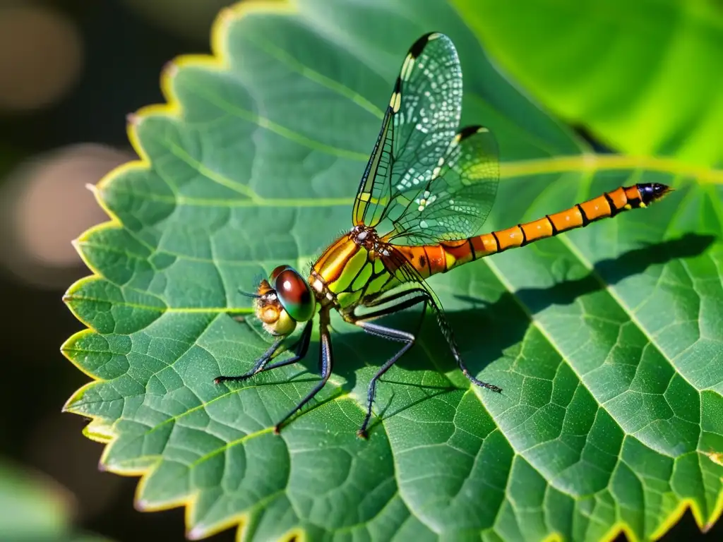 Una impresionante imagen detallada de una delicada libélula posada en una hoja verde vibrante, con sus alas iridiscentes brillando al sol