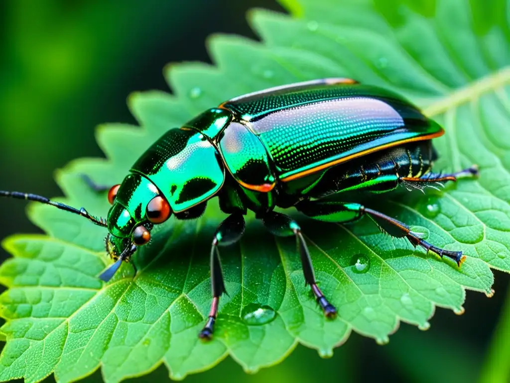 Una impresionante imagen detallada de un escarabajo iridiscente verde y negro en una hoja, con patrones y texturas intrincados