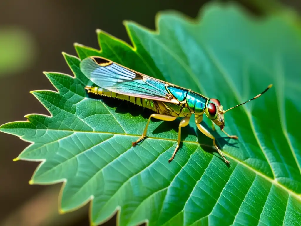 Una impresionante imagen detallada de una langosta solitaria en una hoja, destacando su belleza alienígena