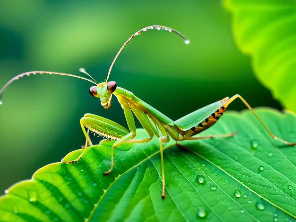 Una impresionante imagen detallada de una mantis religiosa verde vibrante posada en una hoja, con gotas de rocío y alas translúcidas